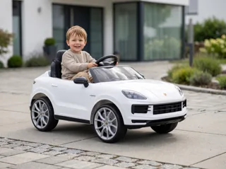 Voiture électrique enfant Porsche Cayenne blanc 12V, ceinture de sécurité, pour enfant de 3-6 ans