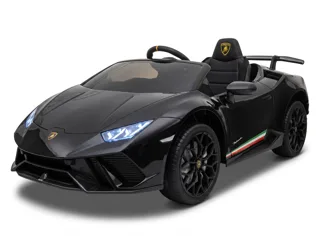 Voiture électrique enfant Lamborghini Huracán 12V noire, trois-quarts avant, jantes noires et bande tricolore, studio