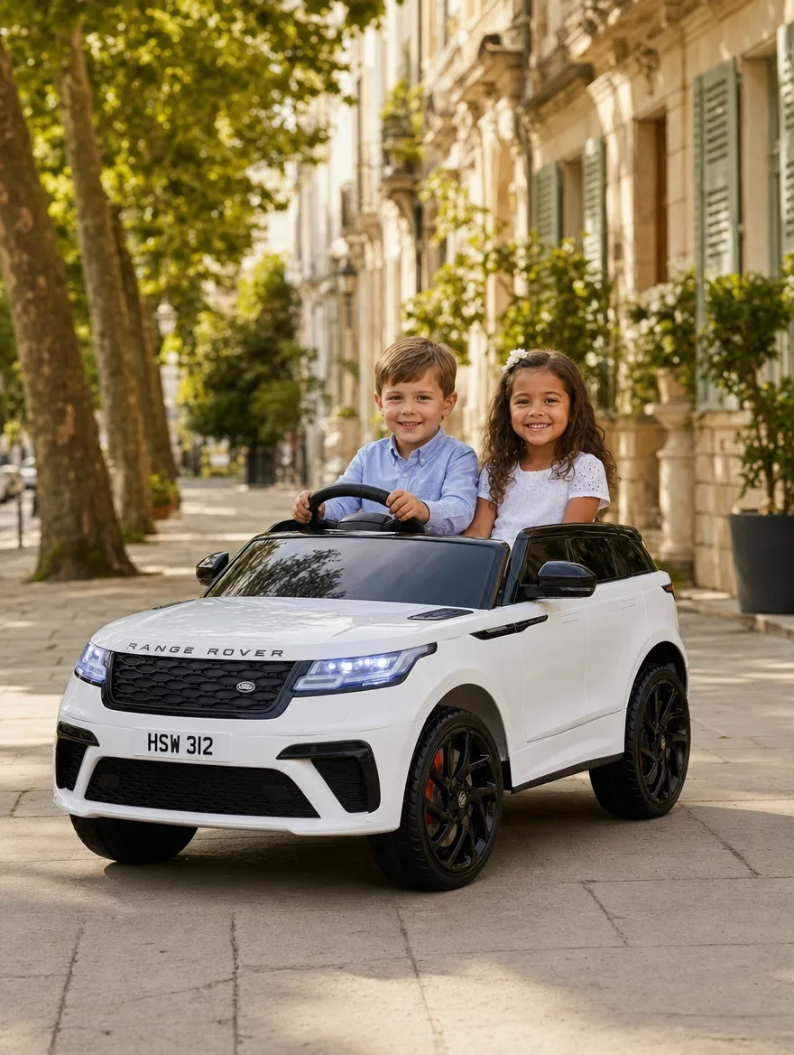 Un garçon et une fille assis côte à côte dans un Range Rover électrique blanc, sur une allée bordée d'arbres