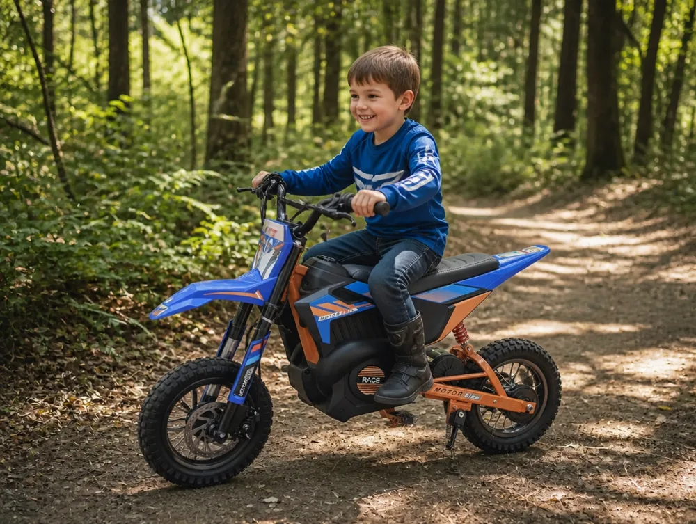 Moto cross X-Bike enfant, enfant casqué en action sur chemin