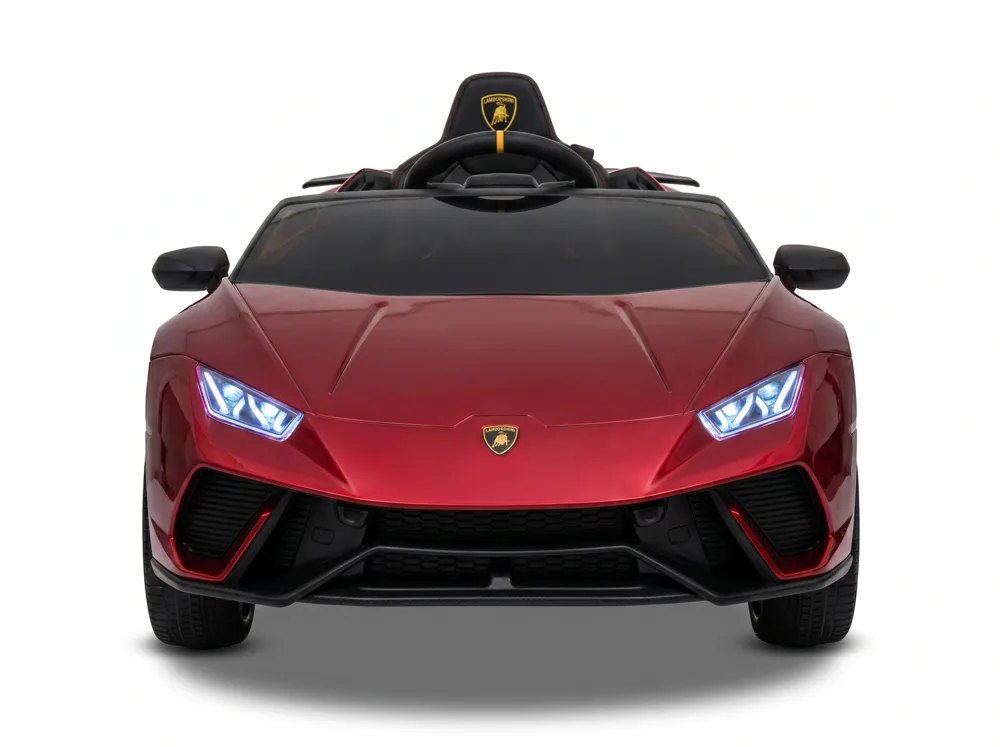 Lamborghini Huracán enfant électrique 12V rouge, face avant, phares LED en Y et écusson Lamborghini, fond blanc studio