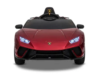 Lamborghini Huracán enfant électrique 12V rouge, face avant, phares LED en Y et écusson Lamborghini, fond blanc studio